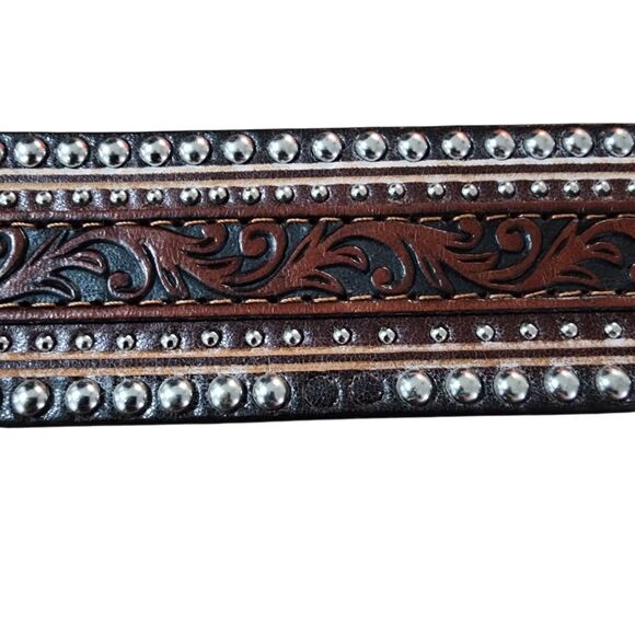 Tony Lama Men Leather Tooled Belt Sz 40 Western Equestrian Cowboy Floral Studded - Picture 7 of 9